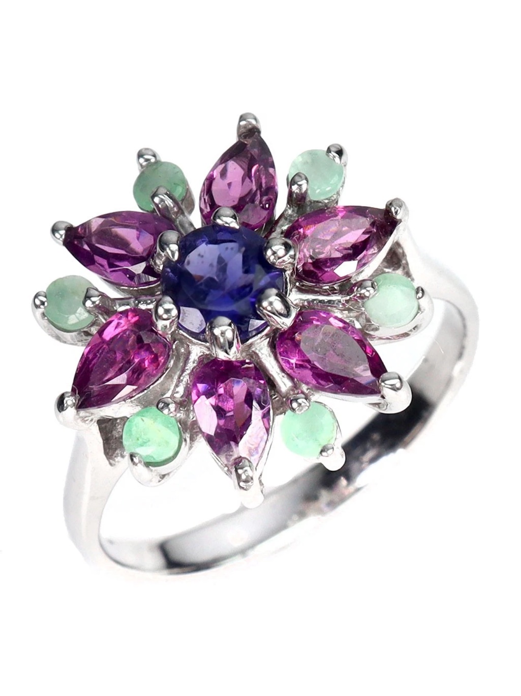 Natural Iolite Emerald & Garnet 925 Sterling Silver Botanical Ring Size 8
